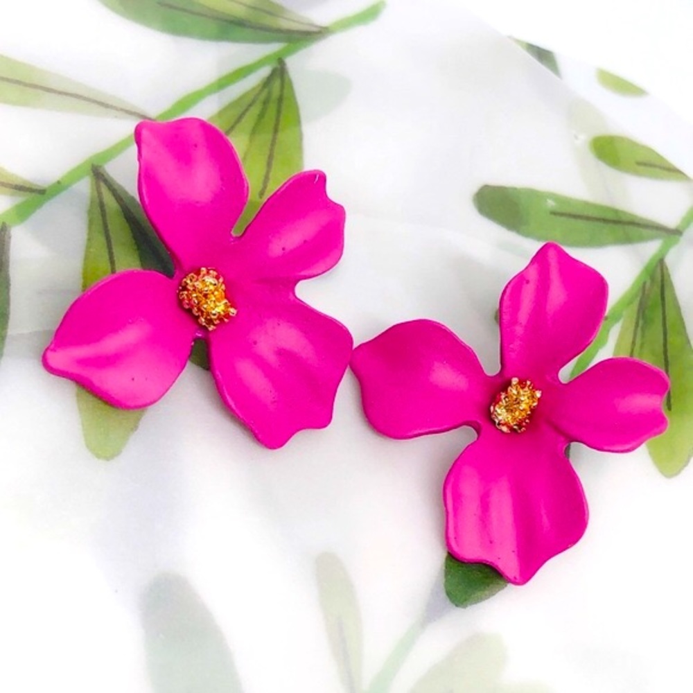 Hot Pink Korean Painted Metal Flower Earrings - Picture 2 of 5